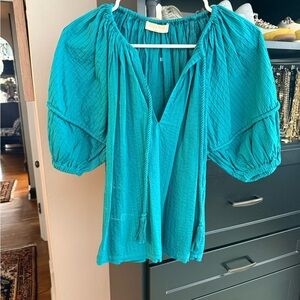 Ulla Johnson Teal Puff-Sleeve V-Neck Blouse